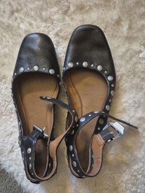 Free People Black Leather Studded Mary Jane Flats
